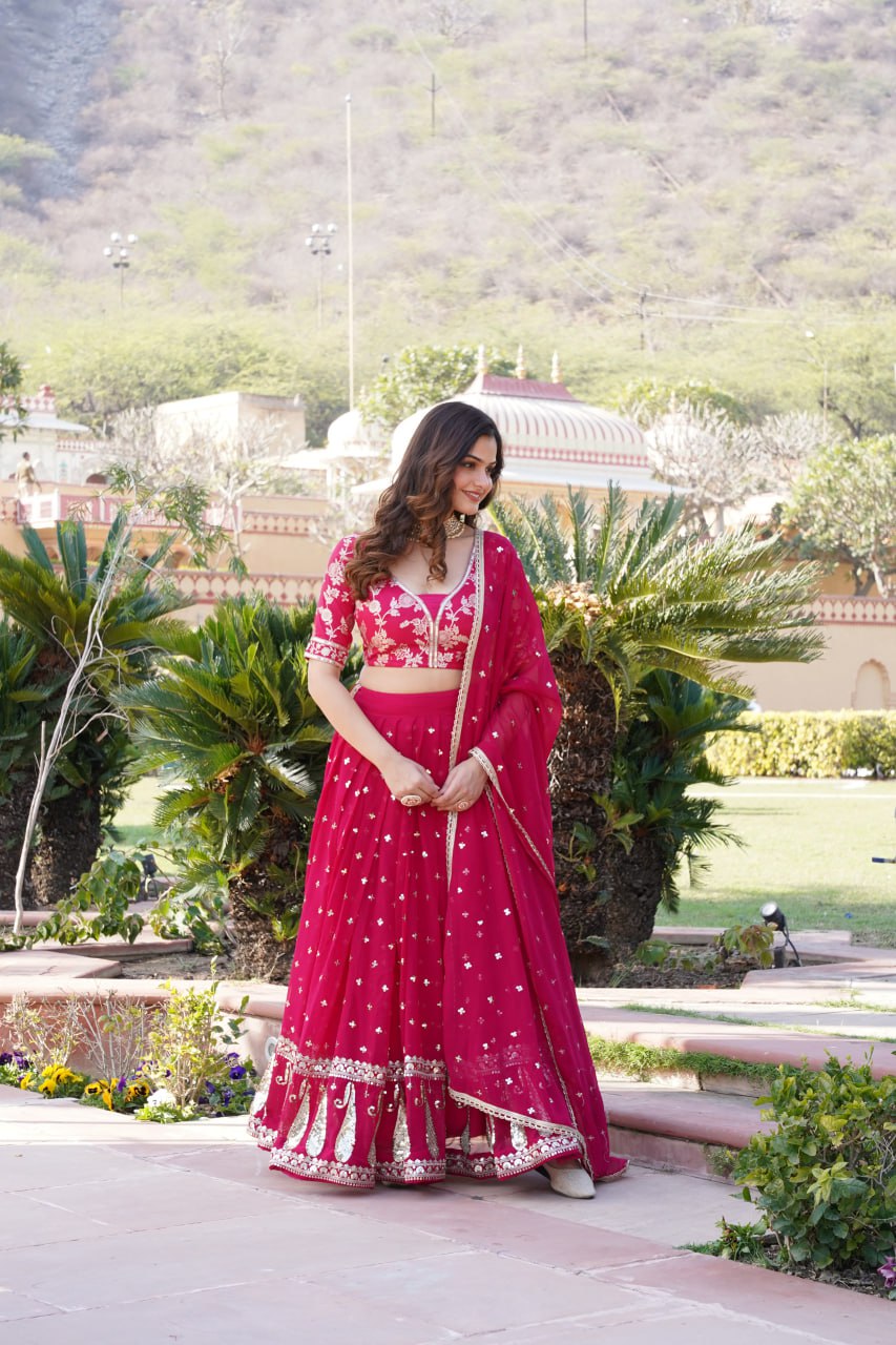 Rani Pink Designer Faux Blooming Lehenga Choli with Shimmering Sequins & Lace