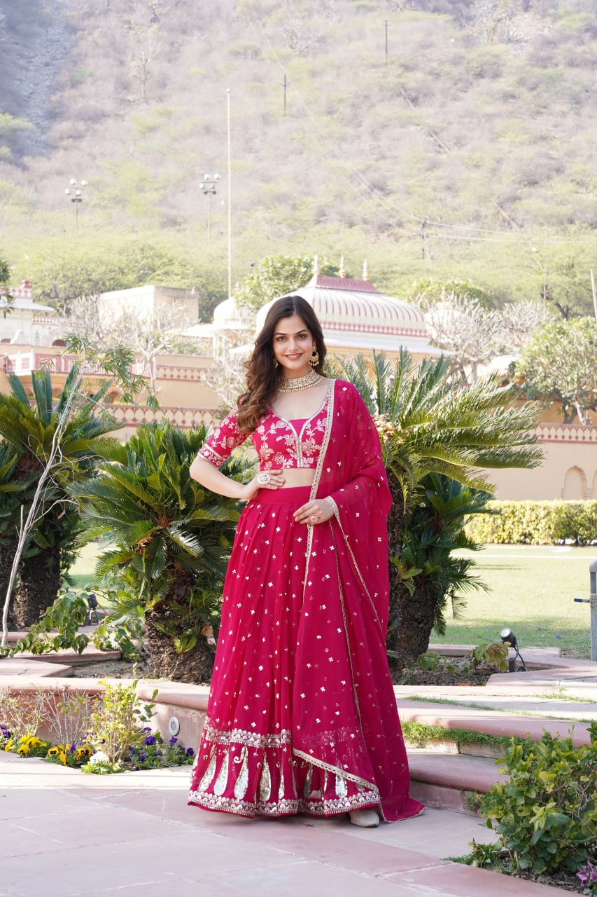 Rani Pink Designer Faux Blooming Lehenga Choli with Shimmering Sequins & Lace