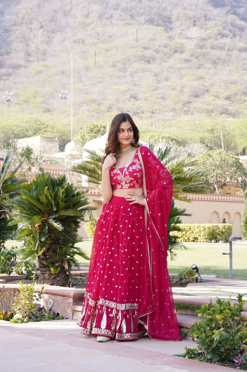 Rani Pink Designer Faux Blooming Lehenga Choli with Shimmering Sequins & Lace