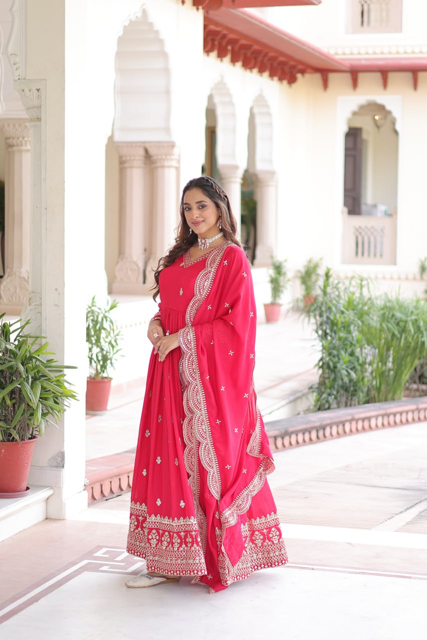 Rani Pink Designer Vichitra Silk Embroidered Anarkali Gown with Sequins Zari Cut-Work Dupatta – Fully Stitched Festive Wear