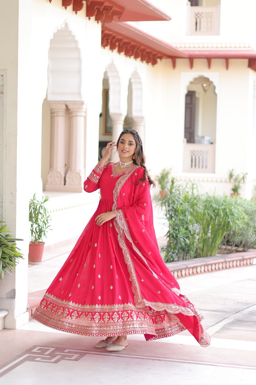 Rani Pink Designer Vichitra Silk Embroidered Anarkali Gown with Sequins Zari Cut-Work Dupatta – Fully Stitched Festive Wear
