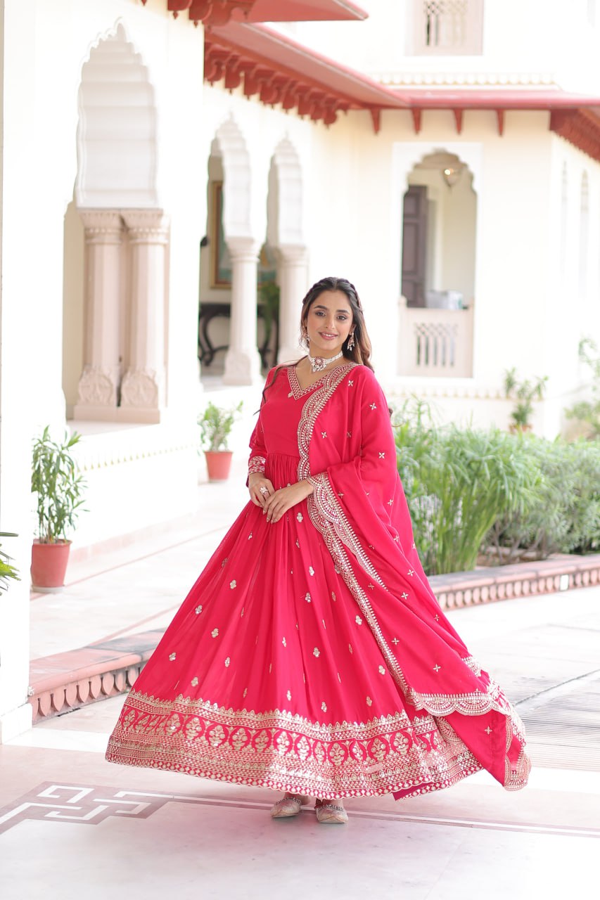 Rani Pink Designer Vichitra Silk Embroidered Anarkali Gown with Sequins Zari Cut-Work Dupatta – Fully Stitched Festive Wear
