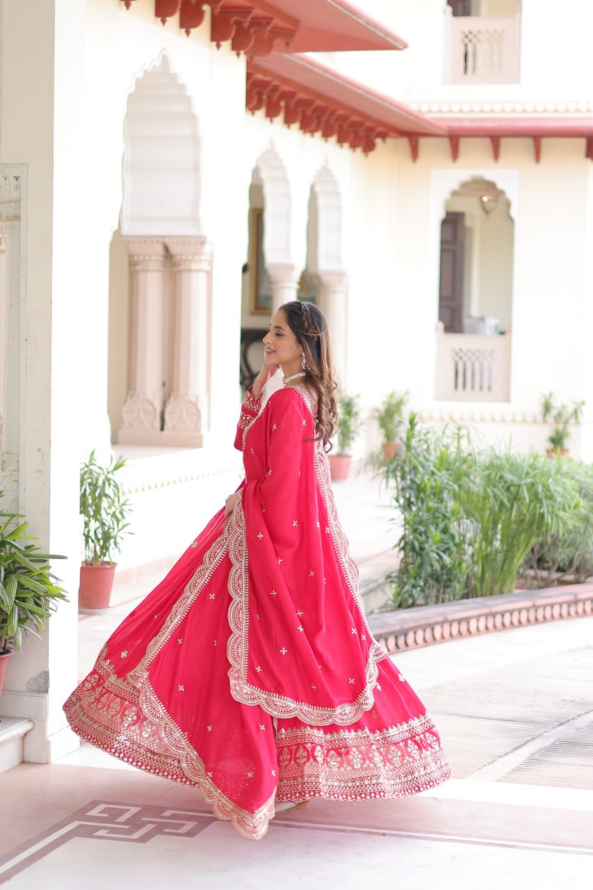 Rani Pink Designer Vichitra Silk Embroidered Anarkali Gown with Sequins Zari Cut-Work Dupatta – Fully Stitched Festive Wear