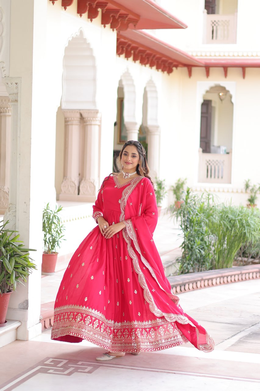 Rani Pink Designer Vichitra Silk Embroidered Anarkali Gown with Sequins Zari Cut-Work Dupatta – Fully Stitched Festive Wear
