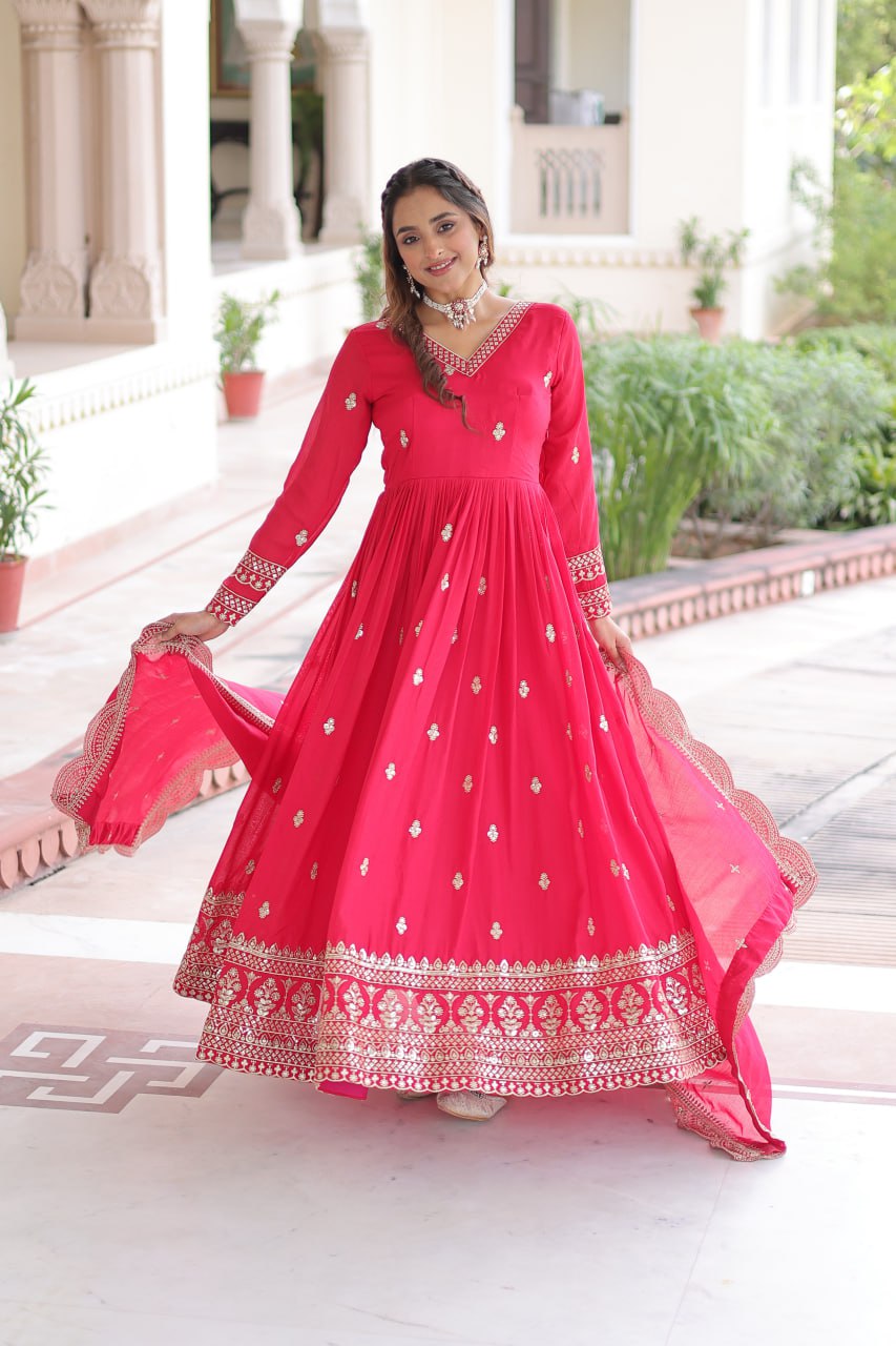 Rani Pink Designer Vichitra Silk Embroidered Anarkali Gown with Sequins Zari Cut-Work Dupatta – Fully Stitched Festive Wear
