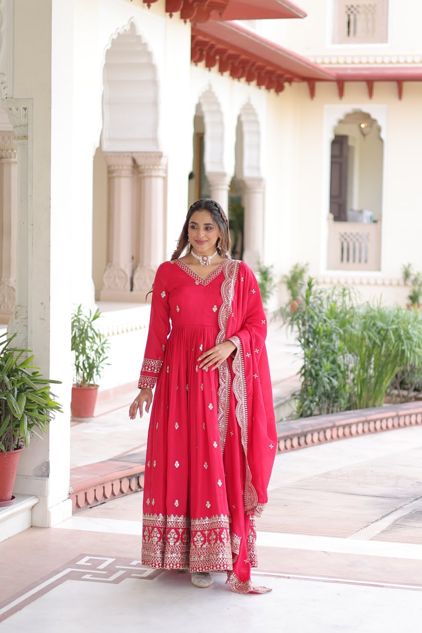 Rani Pink Designer Vichitra Silk Embroidered Anarkali Gown with Sequins Zari Cut-Work Dupatta – Fully Stitched Festive Wear