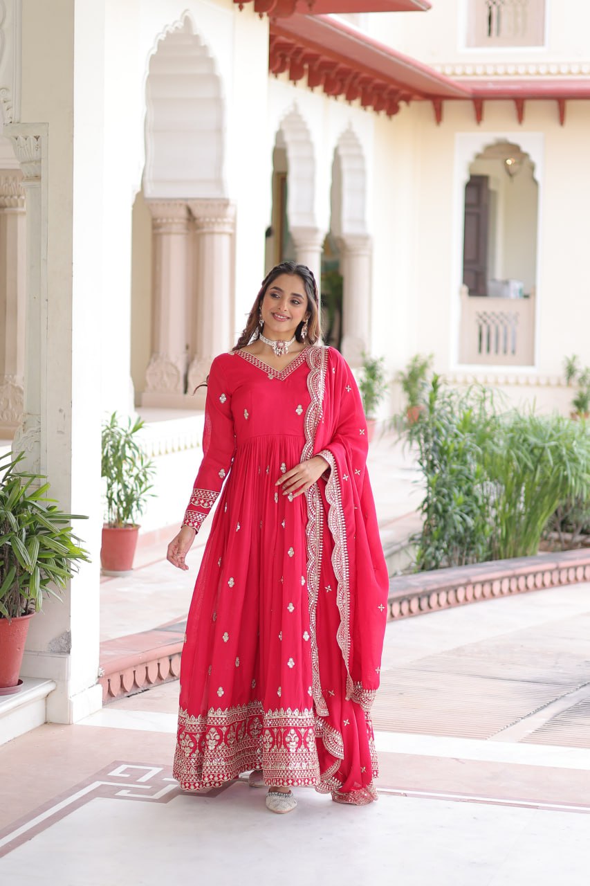 Rani Pink Designer Vichitra Silk Embroidered Anarkali Gown with Sequins Zari Cut-Work Dupatta – Fully Stitched Festive Wear