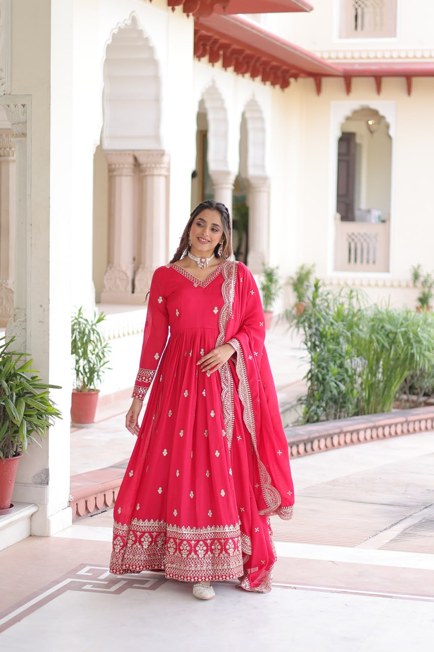 Rani Pink Designer Vichitra Silk Embroidered Anarkali Gown with Sequins Zari Cut-Work Dupatta – Fully Stitched Festive Wear