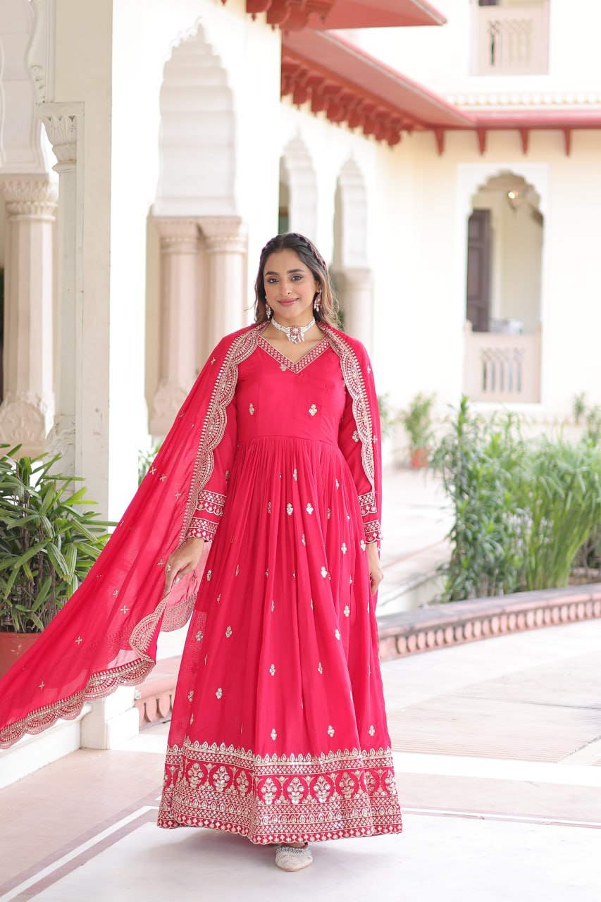 Rani Pink Designer Vichitra Silk Embroidered Anarkali Gown with Sequins Zari Cut-Work Dupatta – Fully Stitched Festive Wear