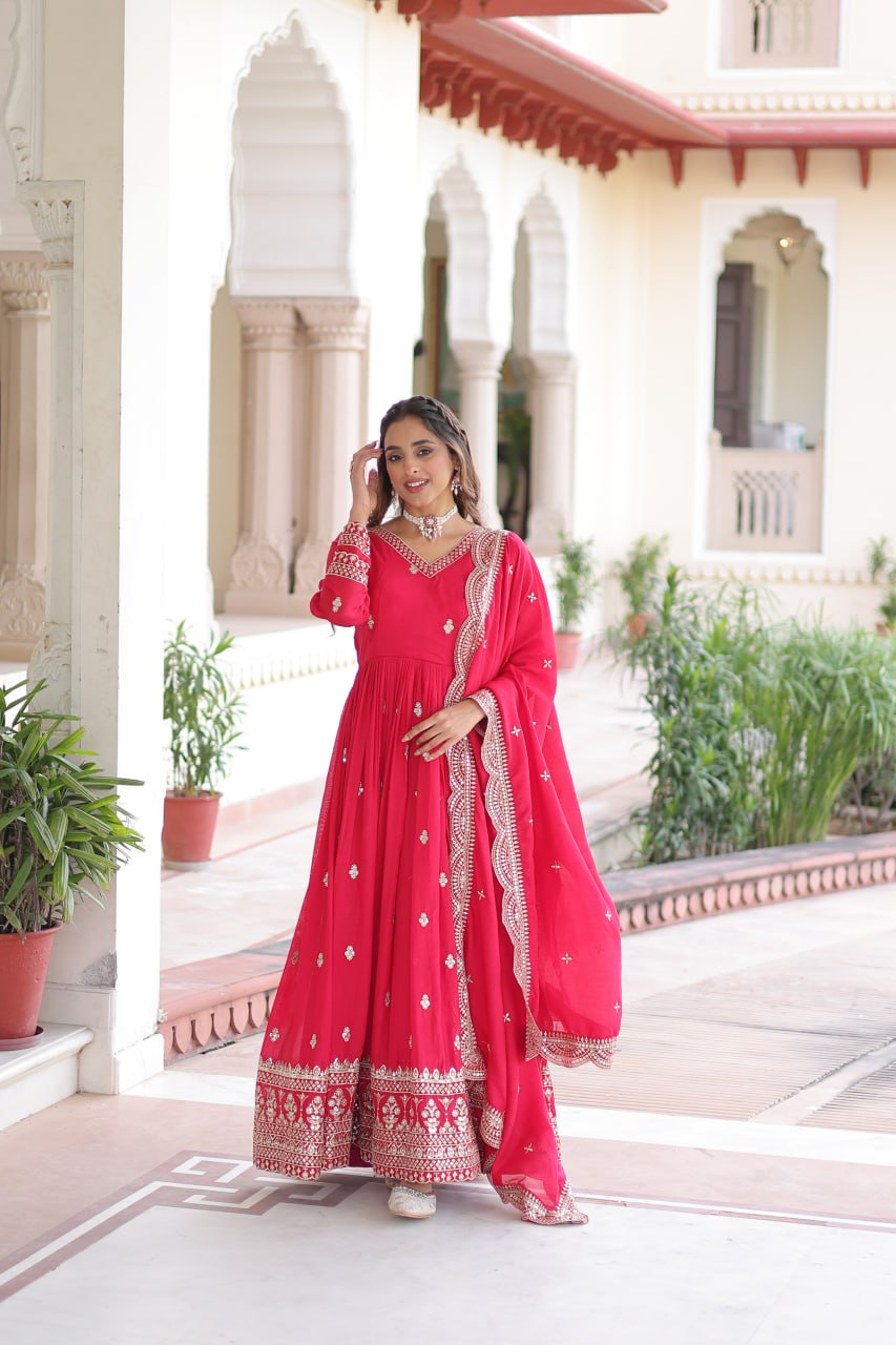 Rani Pink Designer Vichitra Silk Embroidered Anarkali Gown with Sequins Zari Cut-Work Dupatta – Fully Stitched Festive Wear