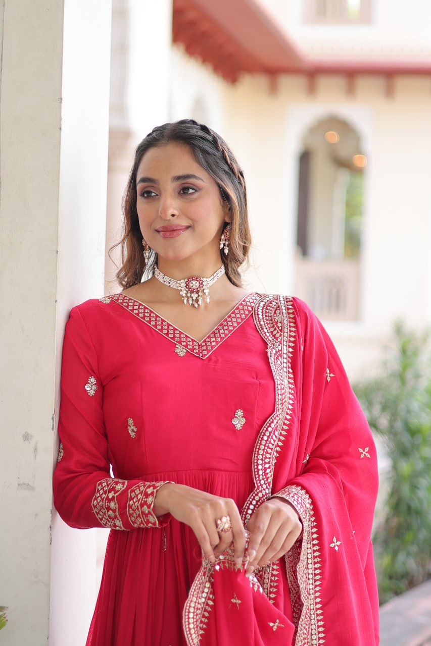 Rani Pink Designer Vichitra Silk Embroidered Anarkali Gown with Sequins Zari Cut-Work Dupatta – Fully Stitched Festive Wear