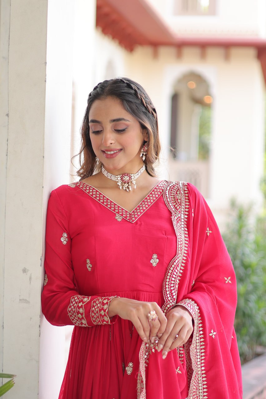 Rani Pink Designer Vichitra Silk Embroidered Anarkali Gown with Sequins Zari Cut-Work Dupatta – Fully Stitched Festive Wear