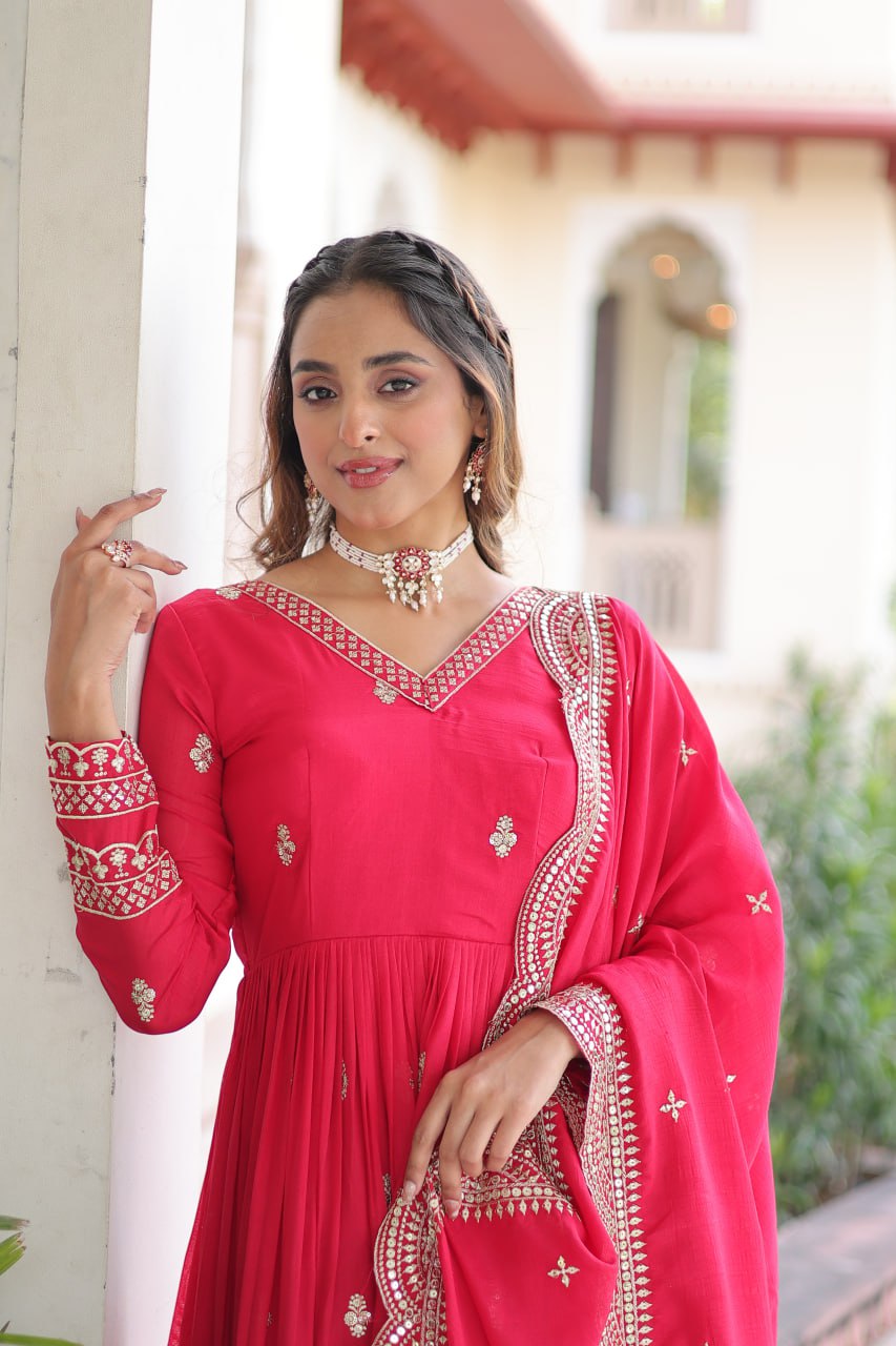Rani Pink Designer Vichitra Silk Embroidered Anarkali Gown with Sequins Zari Cut-Work Dupatta – Fully Stitched Festive Wear