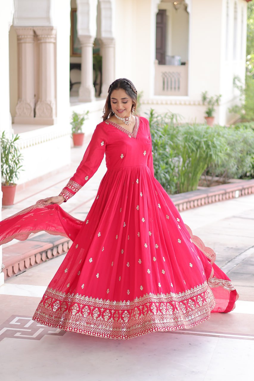 Rani Pink Designer Vichitra Silk Embroidered Anarkali Gown with Sequins Zari Cut-Work Dupatta – Fully Stitched Festive Wear