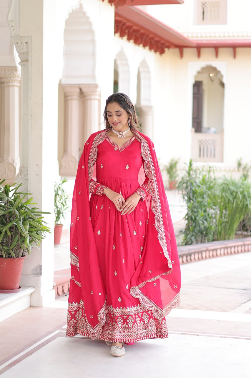 Rani Pink Designer Vichitra Silk Embroidered Anarkali Gown with Sequins Zari Cut-Work Dupatta – Fully Stitched Festive Wear