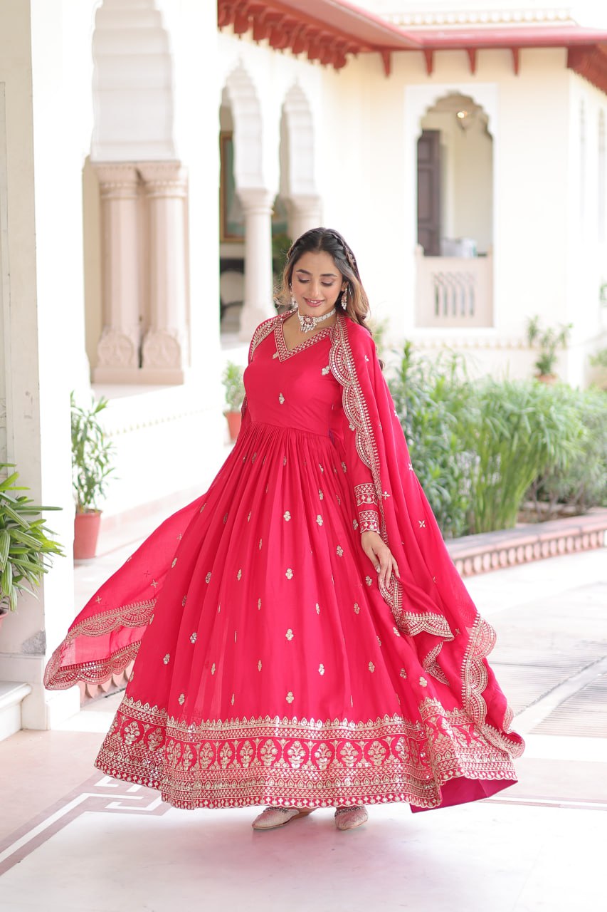 Rani Pink Designer Vichitra Silk Embroidered Anarkali Gown with Sequins Zari Cut-Work Dupatta – Fully Stitched Festive Wear