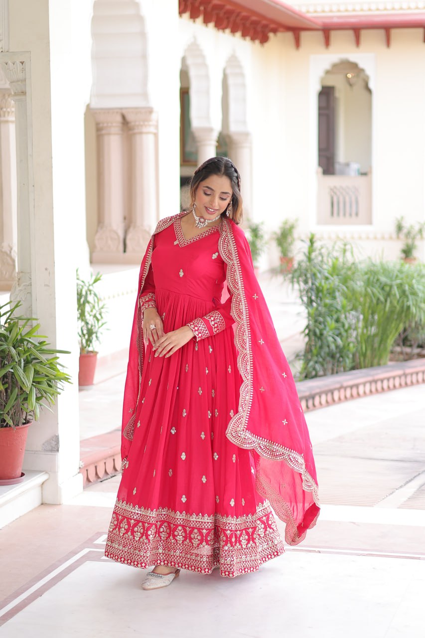 Rani Pink Designer Vichitra Silk Embroidered Anarkali Gown with Sequins Zari Cut-Work Dupatta – Fully Stitched Festive Wear