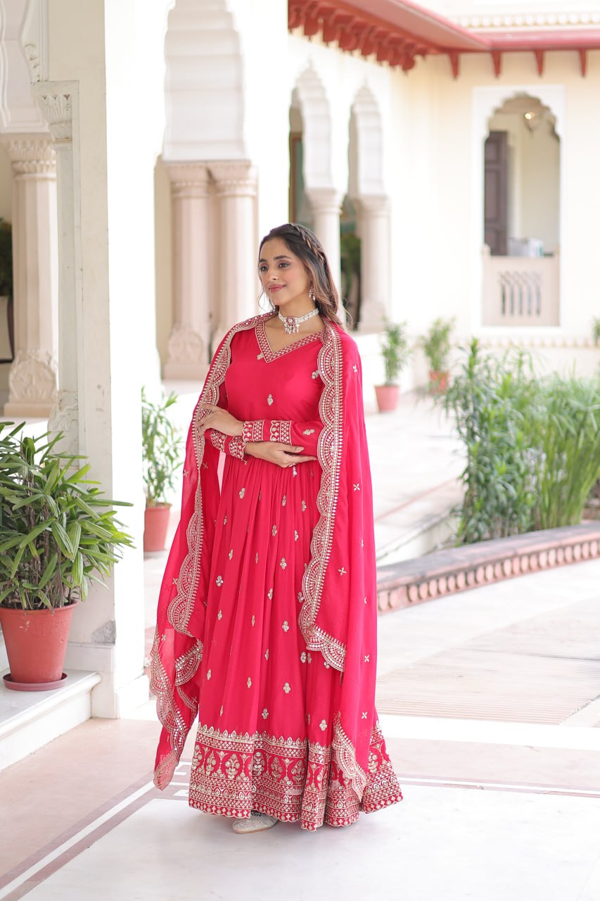 Rani Pink Designer Vichitra Silk Embroidered Anarkali Gown with Sequins Zari Cut-Work Dupatta – Fully Stitched Festive Wear