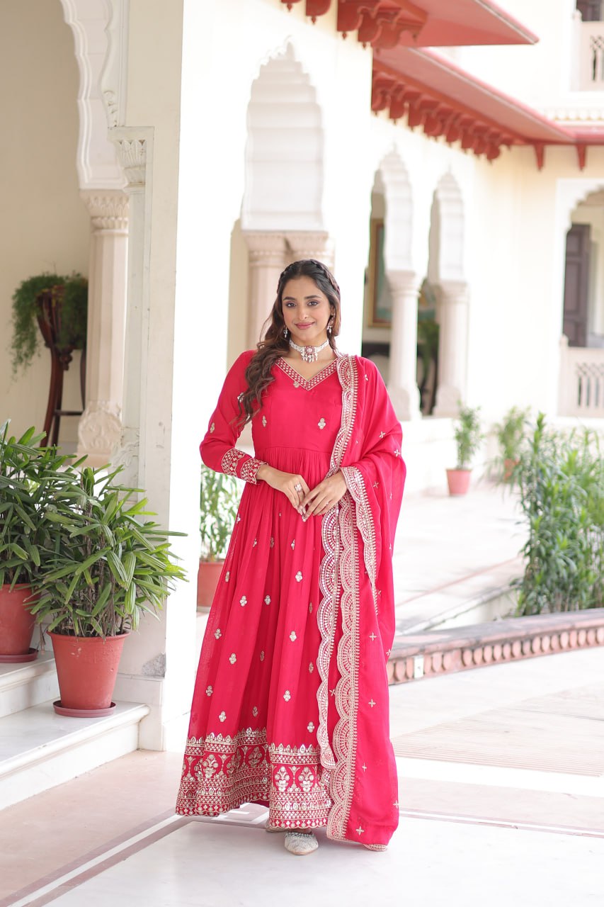 Rani Pink Designer Vichitra Silk Embroidered Anarkali Gown with Sequins Zari Cut-Work Dupatta – Fully Stitched Festive Wear