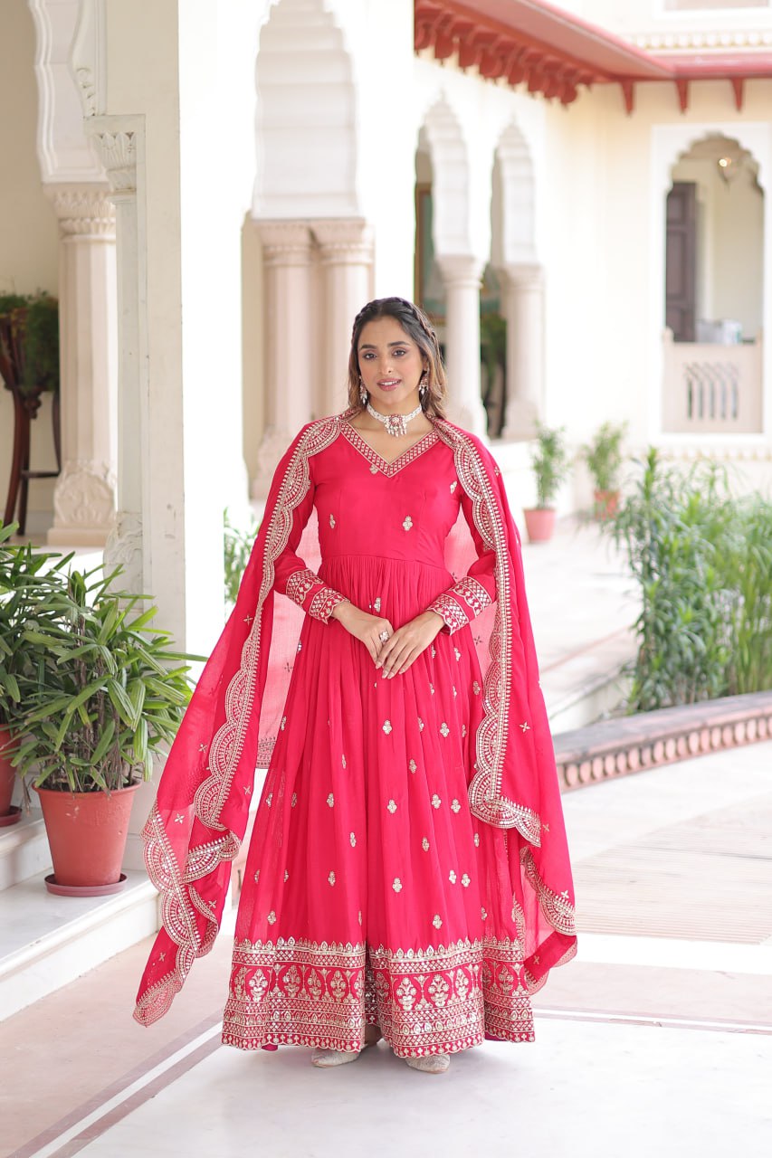 Rani Pink Designer Vichitra Silk Embroidered Anarkali Gown with Sequins Zari Cut-Work Dupatta – Fully Stitched Festive Wear