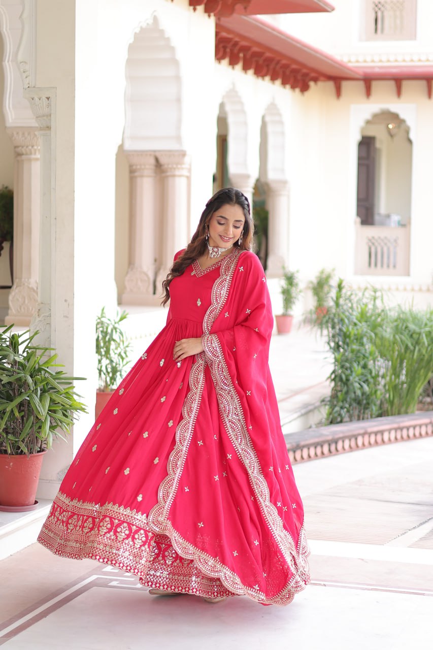 Rani Pink Designer Vichitra Silk Embroidered Anarkali Gown with Sequins Zari Cut-Work Dupatta – Fully Stitched Festive Wear