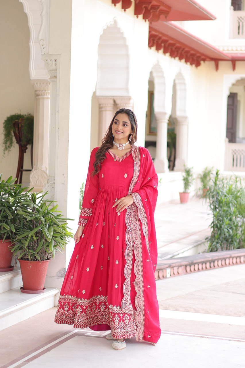 Rani Pink Designer Vichitra Silk Embroidered Anarkali Gown with Sequins Zari Cut-Work Dupatta – Fully Stitched Festive Wear