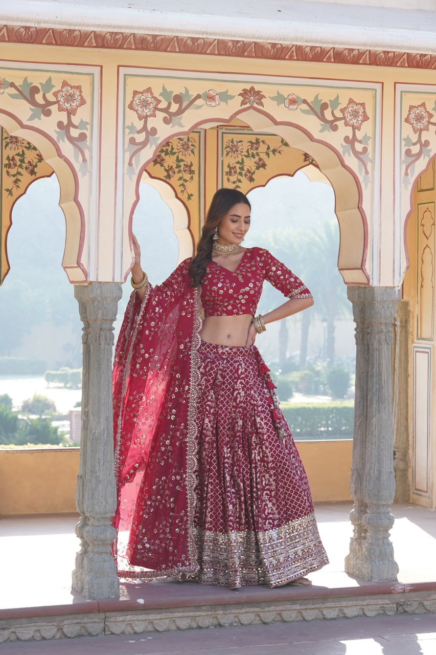 Rani Pink Designer Viscose Jacquard Lehenga Choli & Dupatta Set with Sequins