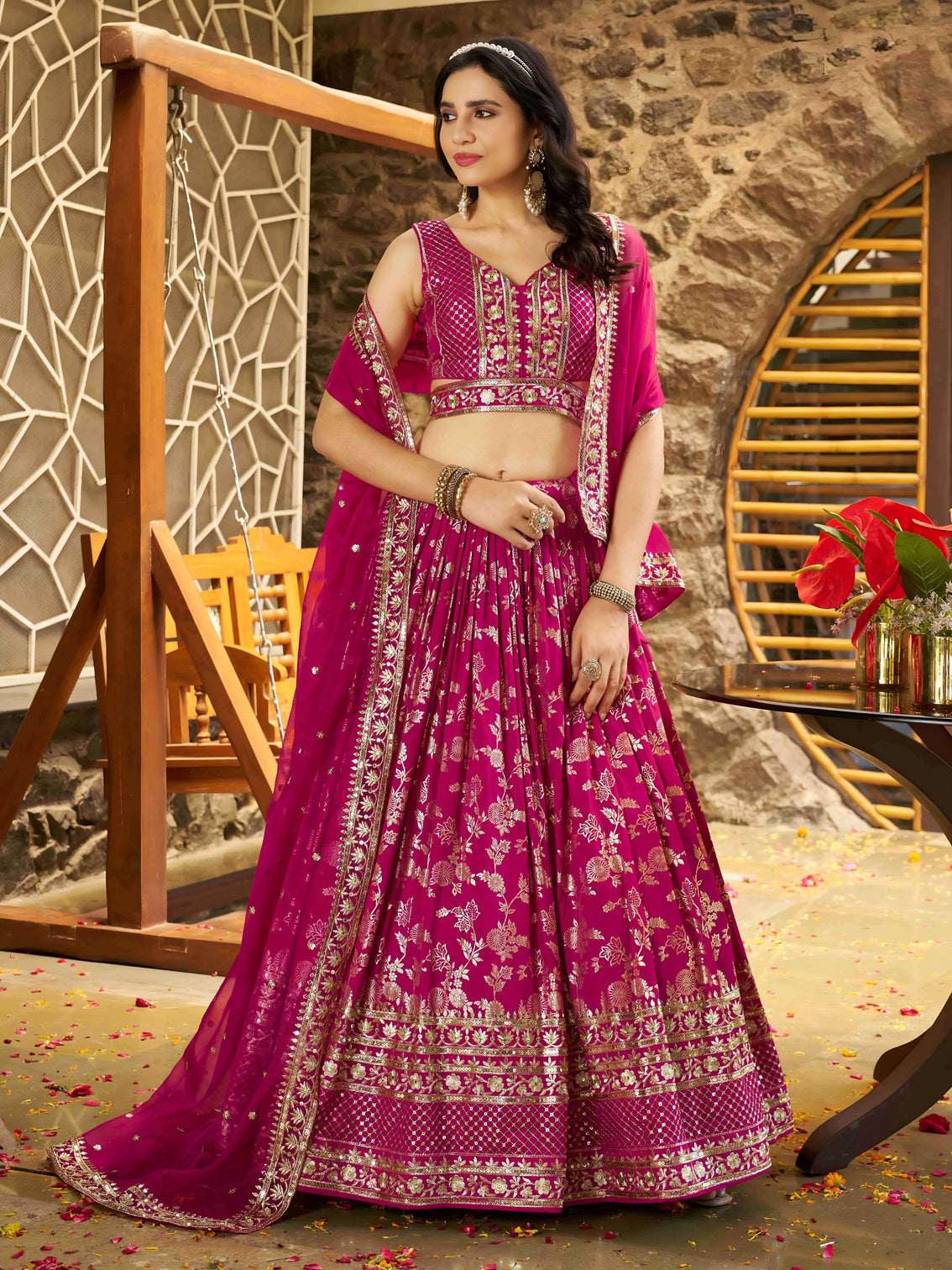 Rani Pink Dola Silk Jacquard Embroidered Lehenga Choli