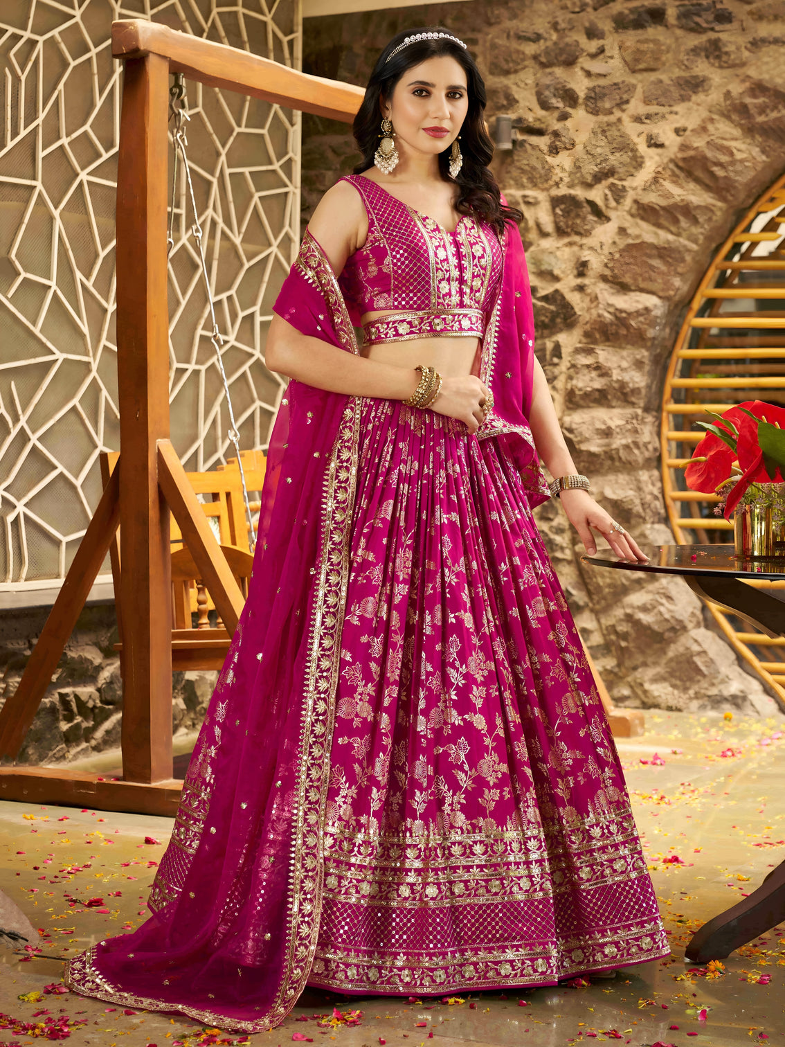 Rani Pink Dola Silk Jacquard Embroidered Lehenga Choli