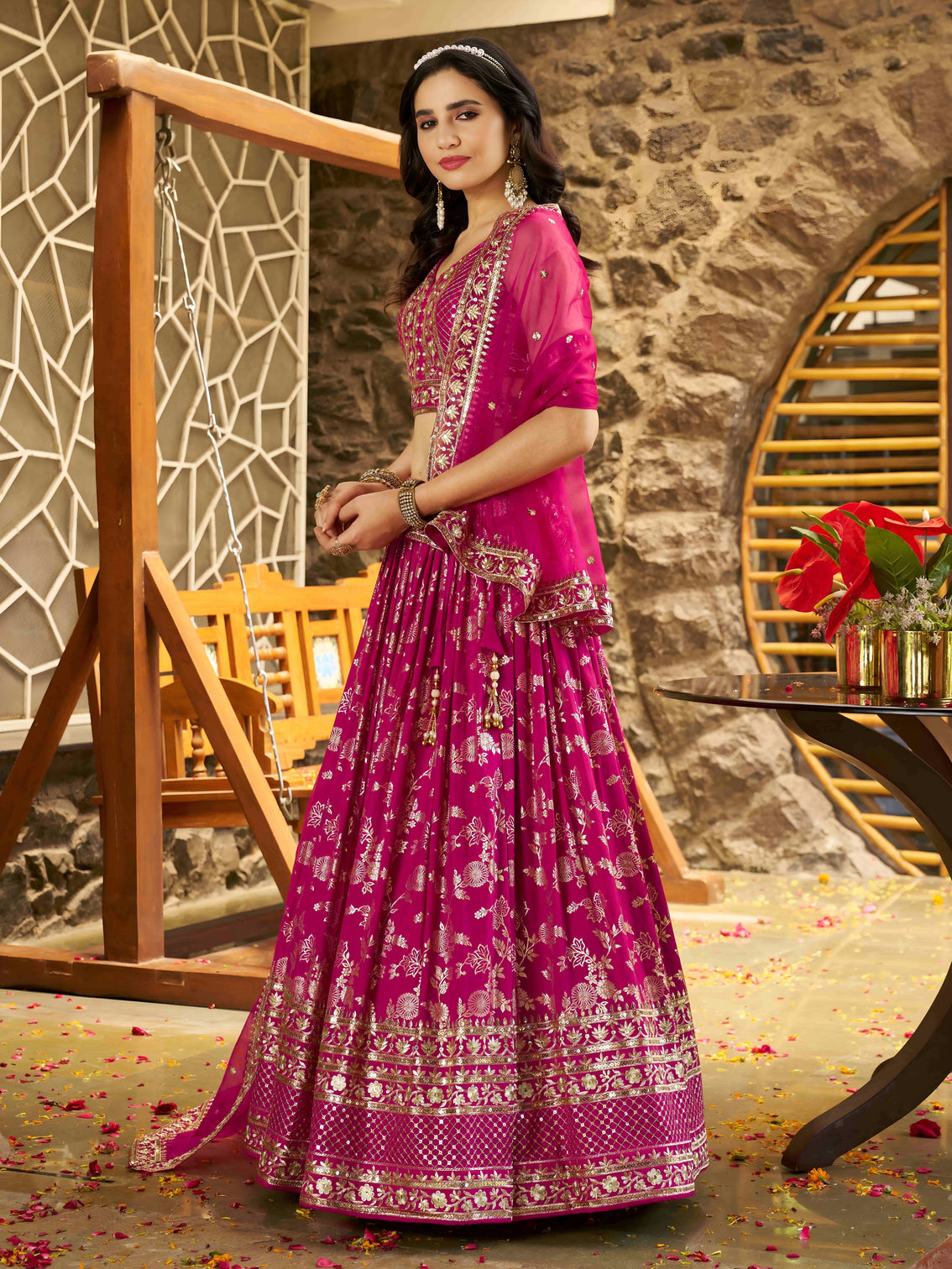 Rani Pink Dola Silk Jacquard Embroidered Lehenga Choli