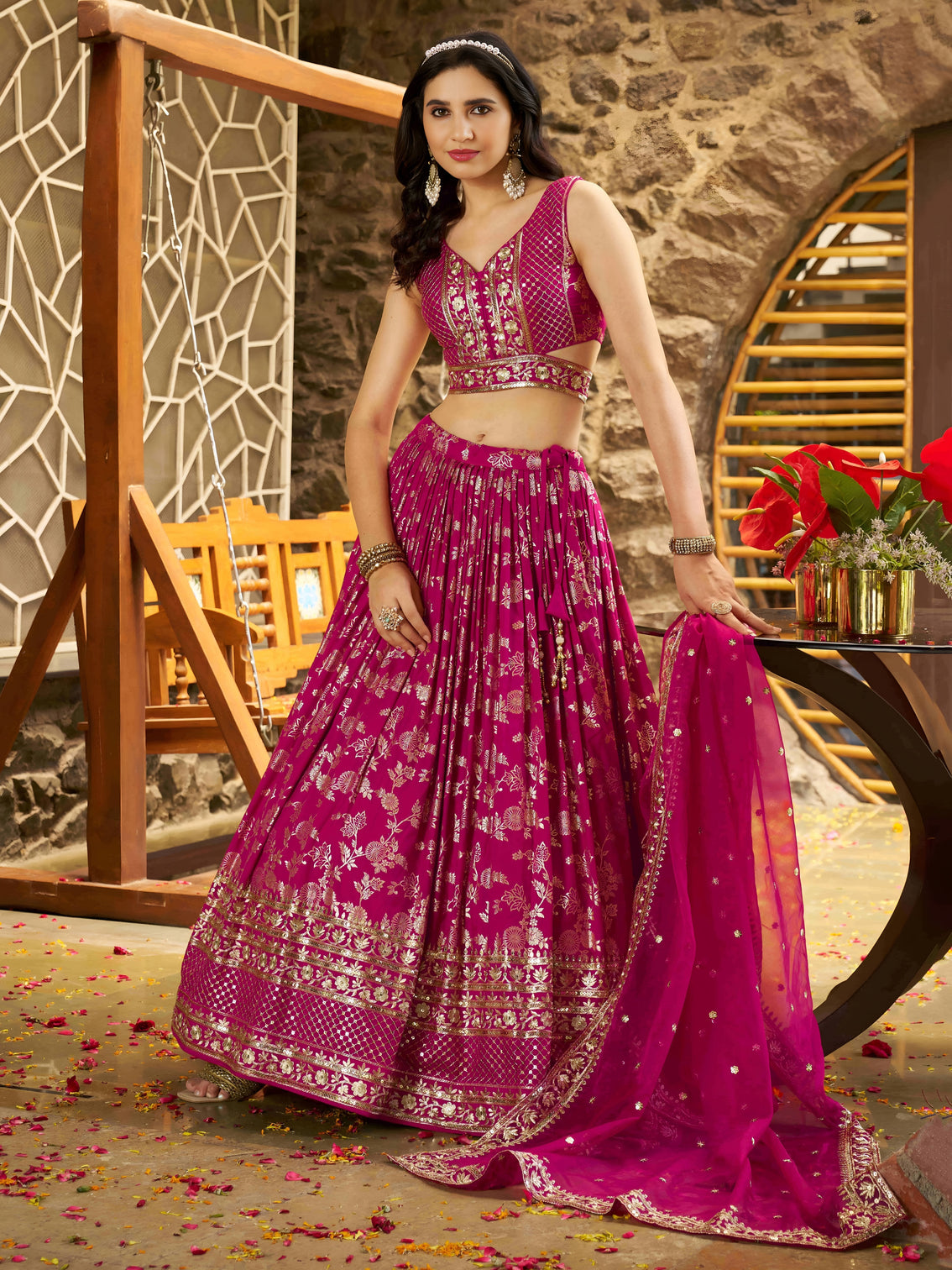 Rani Pink Dola Silk Jacquard Embroidered Lehenga Choli