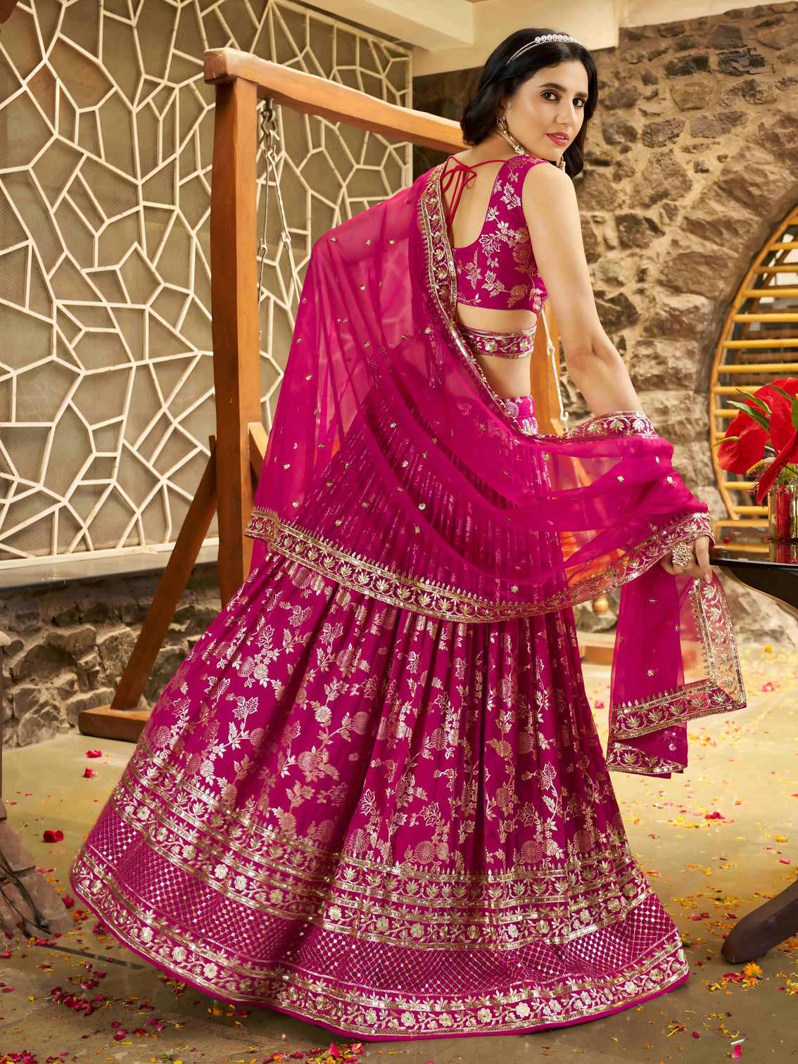Rani Pink Dola Silk Jacquard Embroidered Lehenga Choli