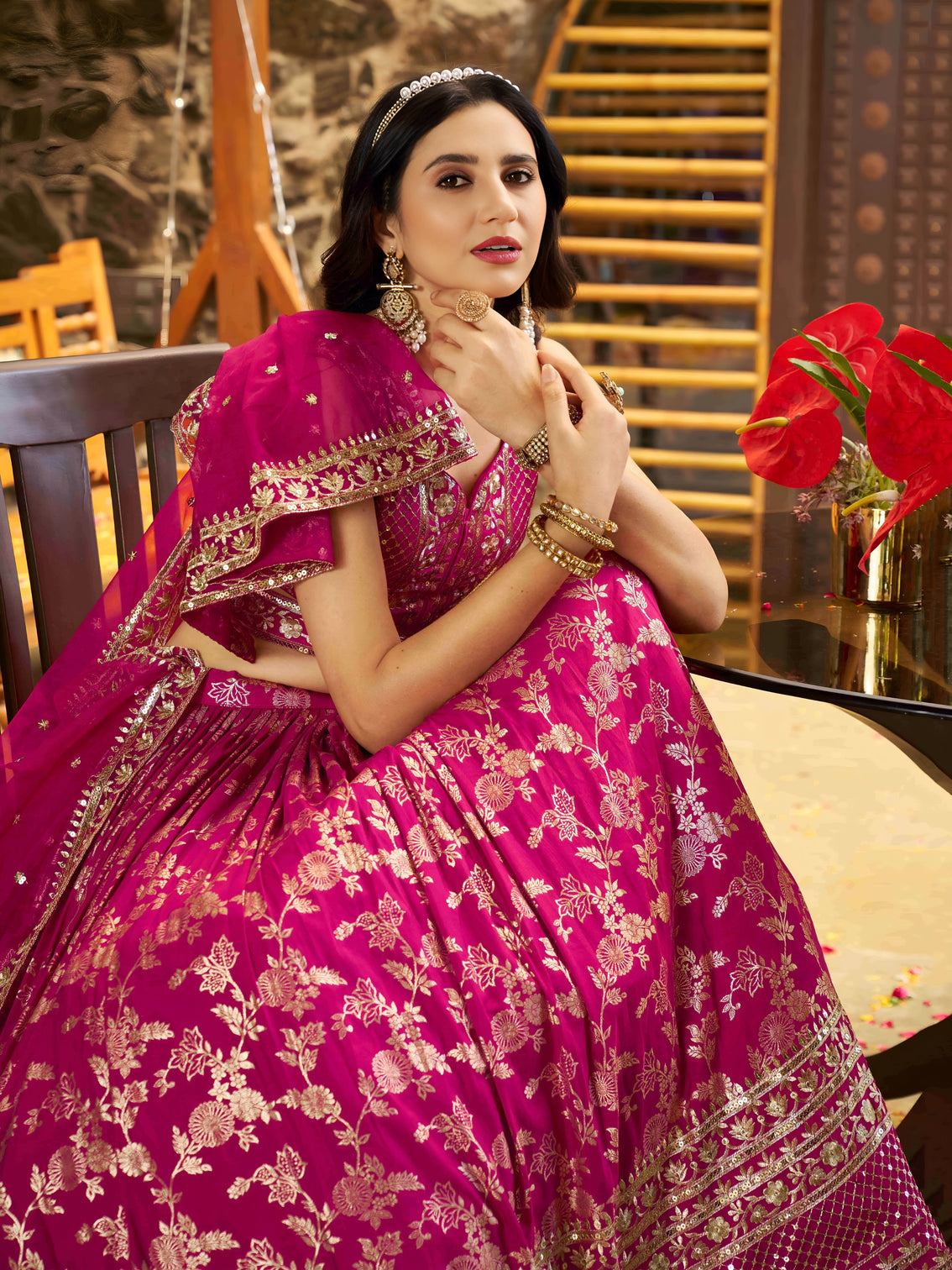 Rani Pink Dola Silk Jacquard Embroidered Lehenga Choli