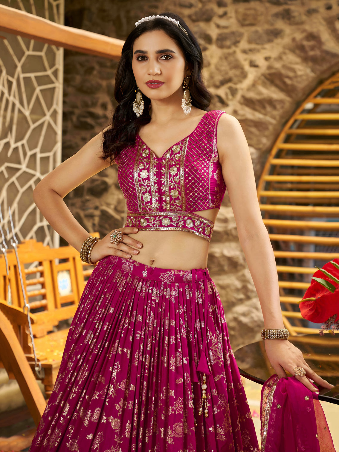 Rani Pink Dola Silk Jacquard Embroidered Lehenga Choli