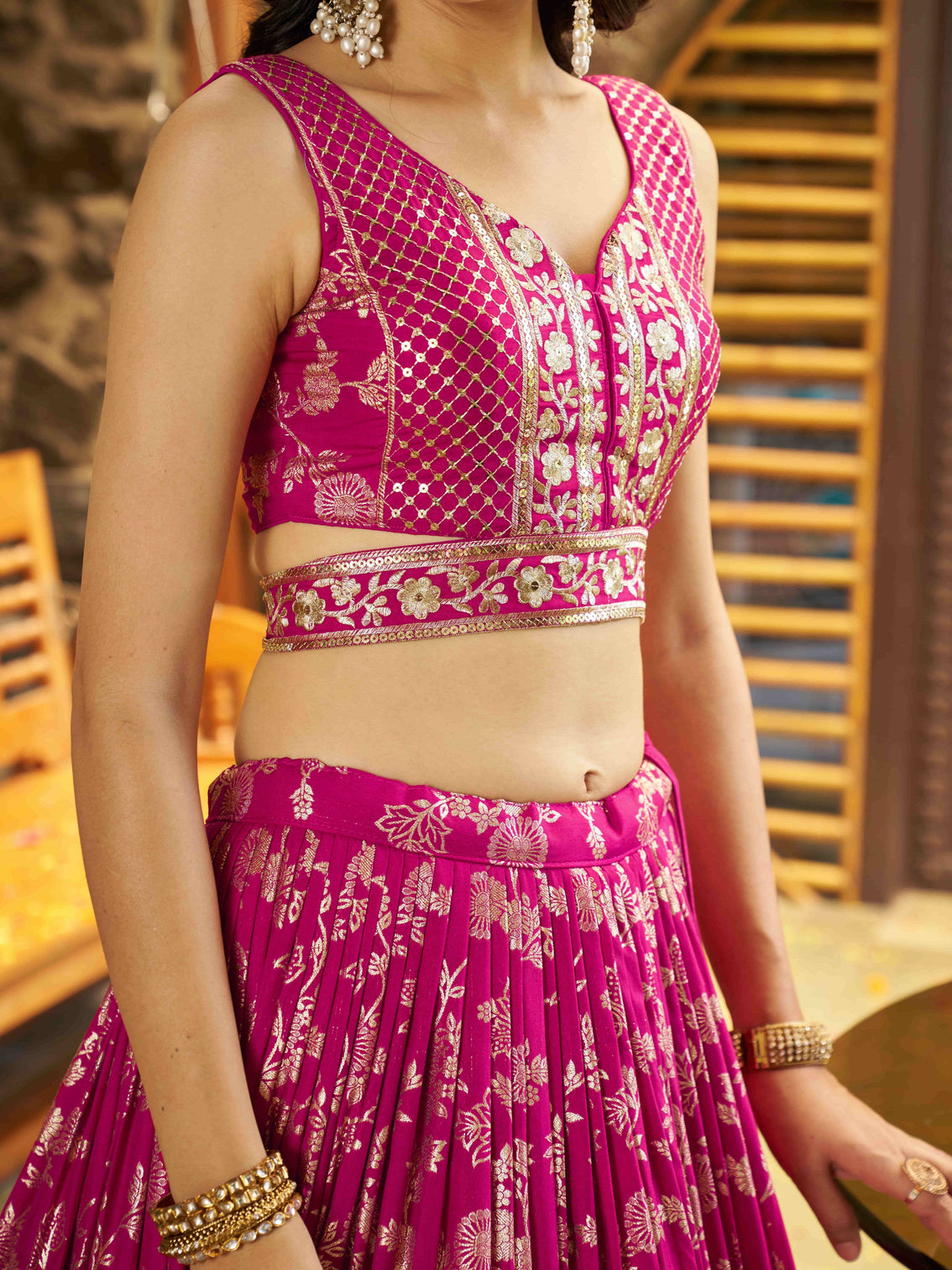 Rani Pink Dola Silk Jacquard Embroidered Lehenga Choli