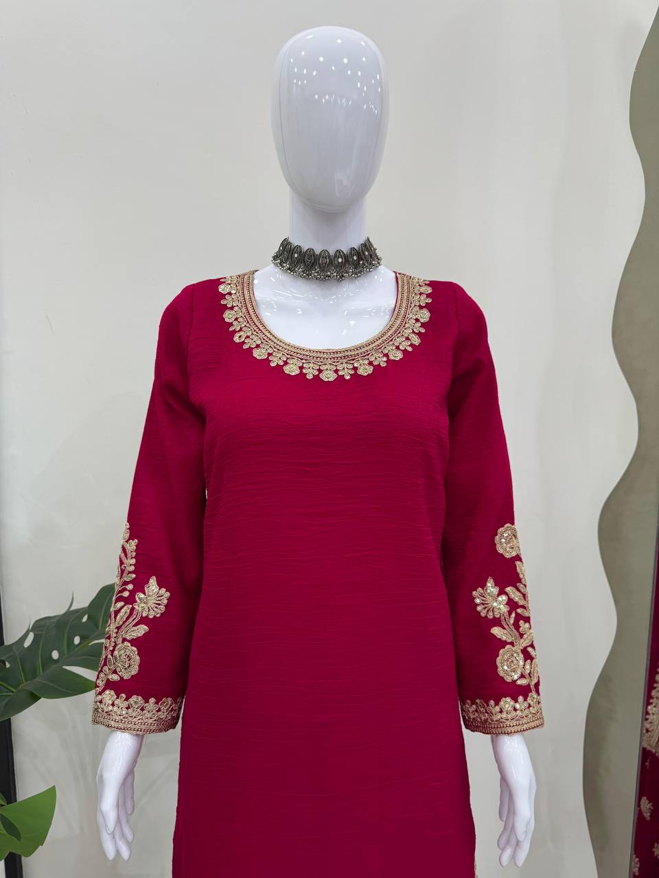 Rani Pink Elegant Crunch Silk Top & Sharara Set with Exquisite Embroidery