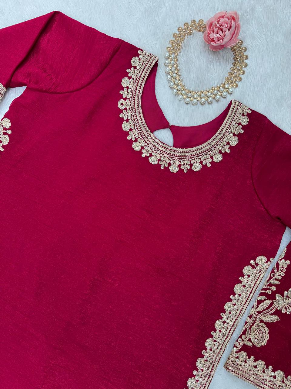 Rani Pink Elegant Crunch Silk Top & Sharara Set with Exquisite Embroidery
