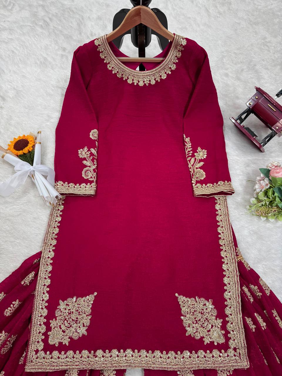 Rani Pink Elegant Crunch Silk Top & Sharara Set with Exquisite Embroidery