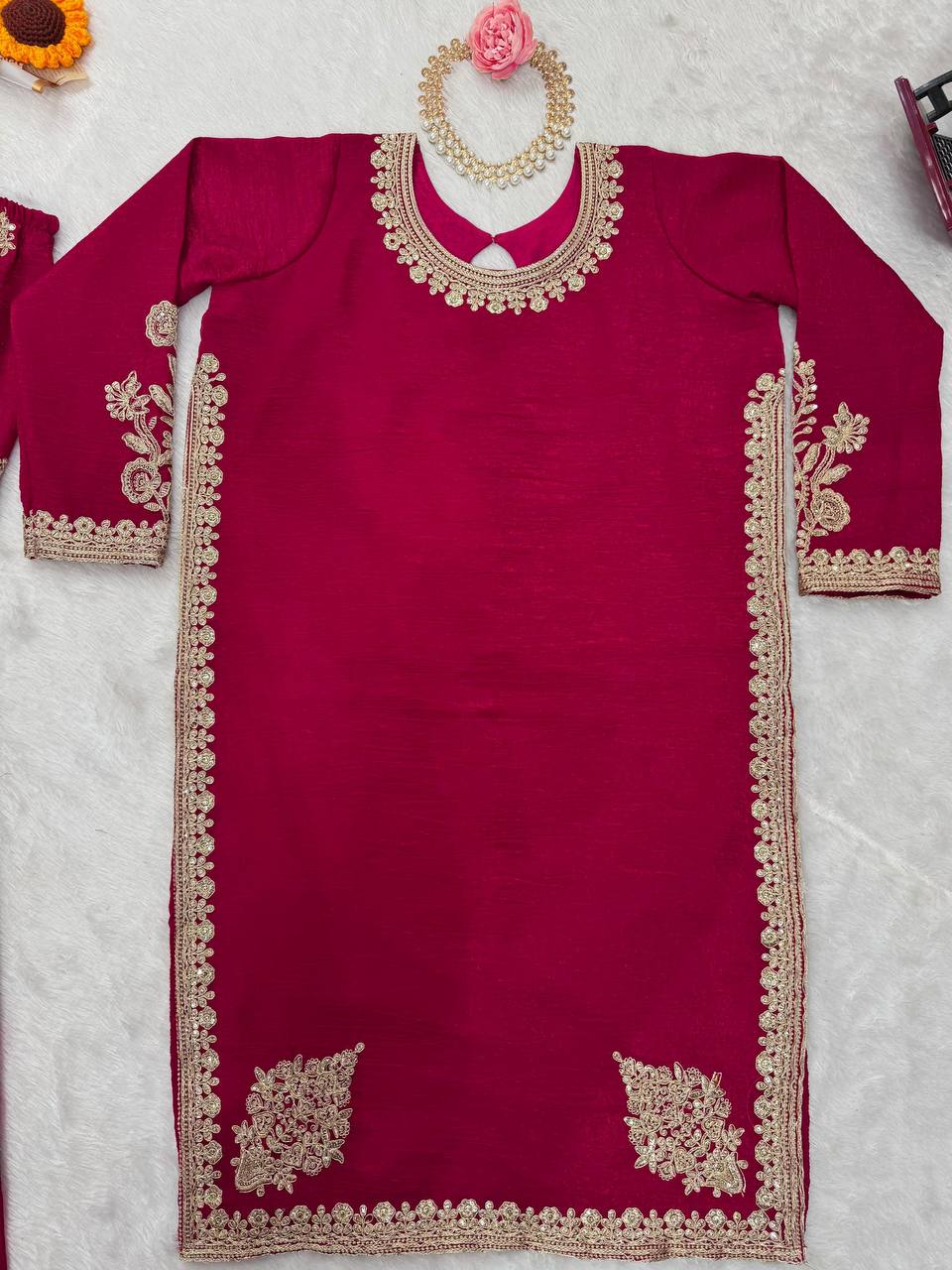 Rani Pink Elegant Crunch Silk Top & Sharara Set with Exquisite Embroidery