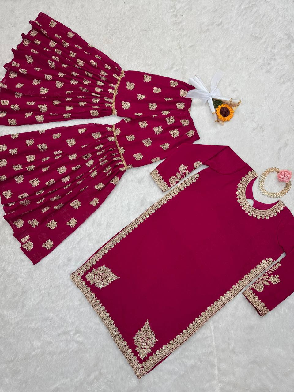 Rani Pink Elegant Crunch Silk Top & Sharara Set with Exquisite Embroidery