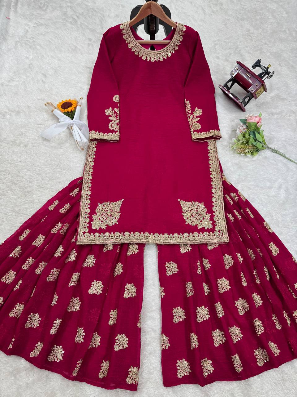 Rani Pink Elegant Crunch Silk Top & Sharara Set with Exquisite Embroidery