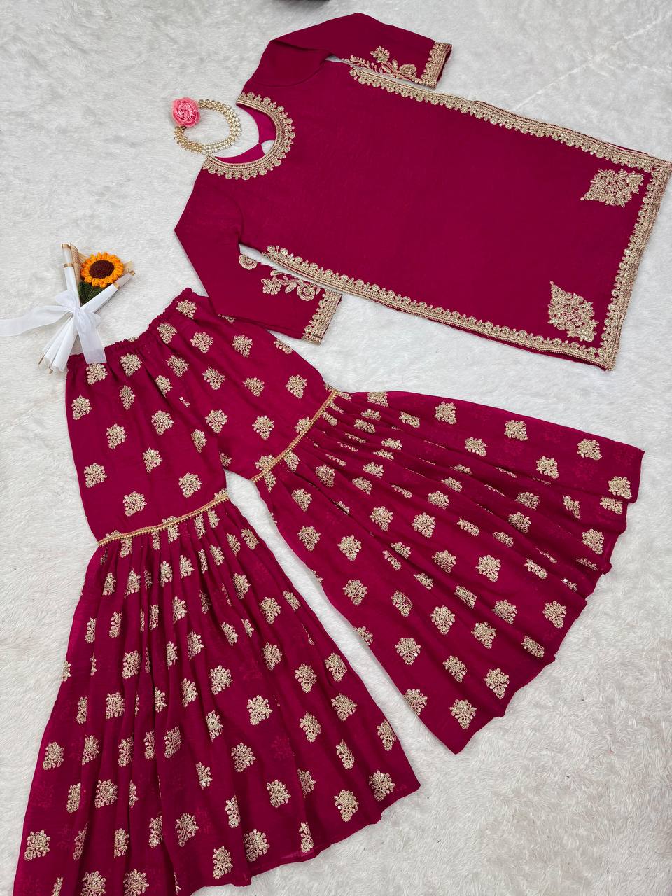 Rani Pink Elegant Crunch Silk Top & Sharara Set with Exquisite Embroidery