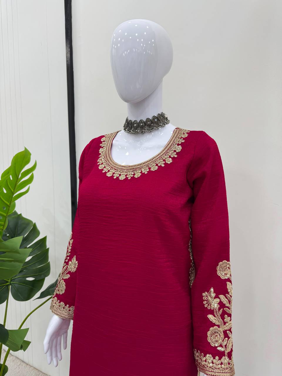Rani Pink Elegant Crunch Silk Top & Sharara Set with Exquisite Embroidery