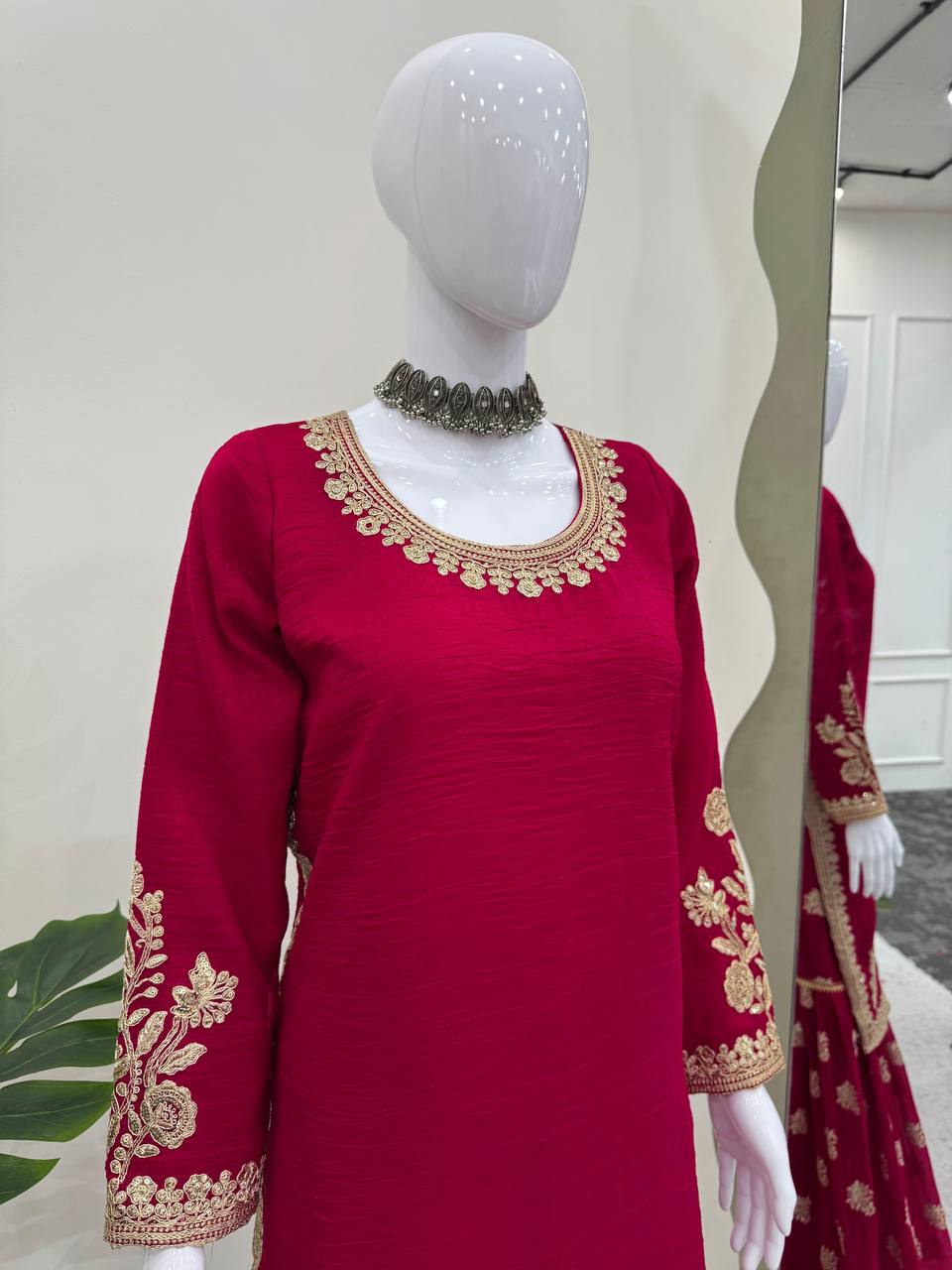 Rani Pink Elegant Crunch Silk Top & Sharara Set with Exquisite Embroidery