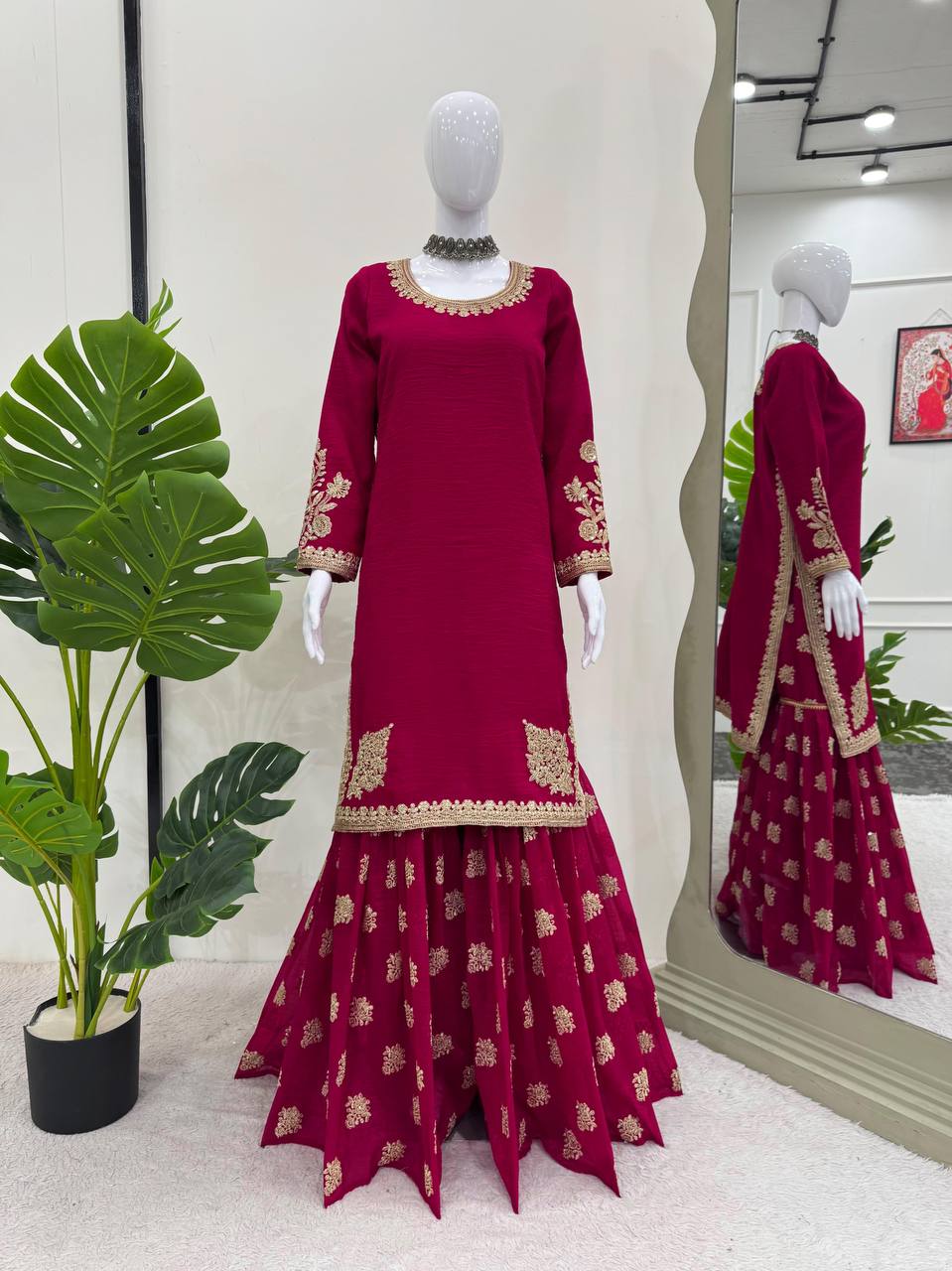 Rani Pink Elegant Crunch Silk Top & Sharara Set with Exquisite Embroidery
