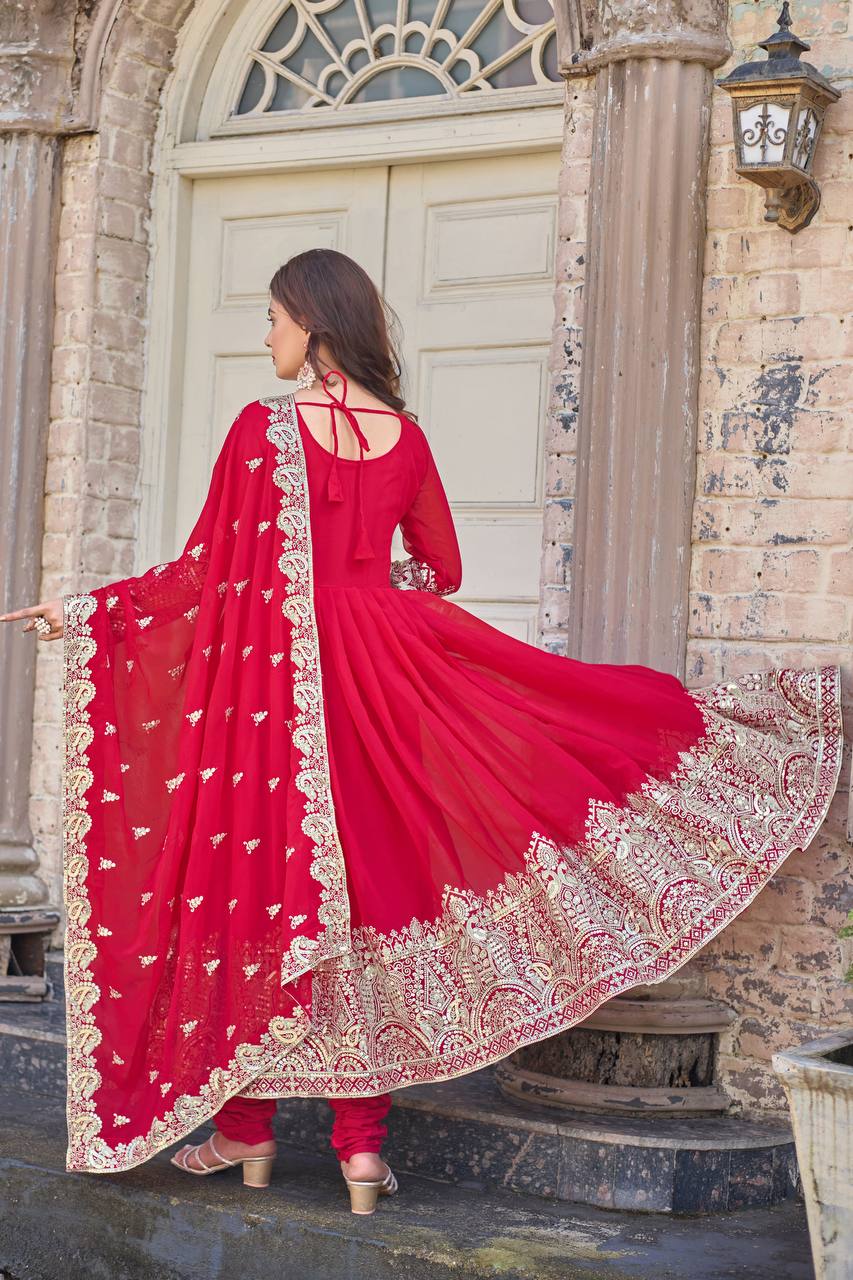 Rani Pink Elegant Embroidered Faux Georgette Gown Set with Dupatta & Chudidar – Fully Stitched Ensemble with 5mm Sequins Work & Tassel Sleeves
