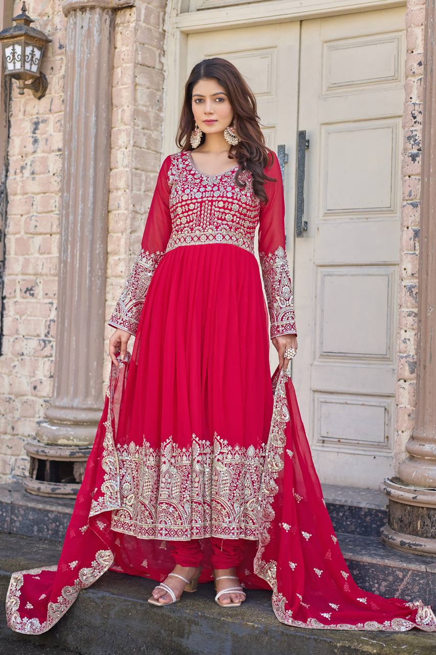 Rani Pink Elegant Embroidered Faux Georgette Gown Set with Dupatta & Chudidar – Fully Stitched Ensemble with 5mm Sequins Work & Tassel Sleeves