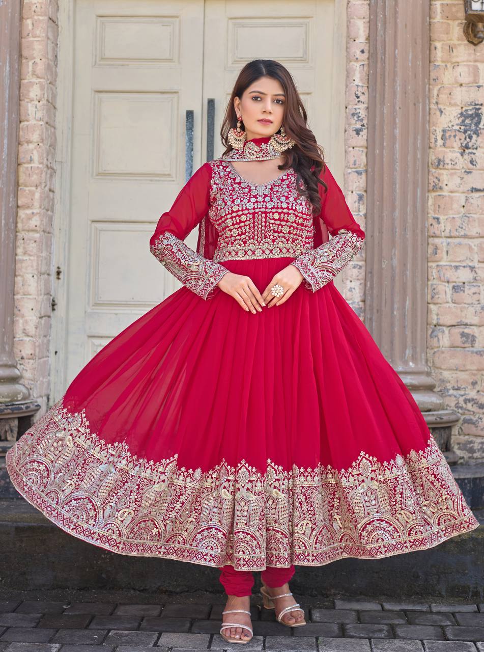 Rani Pink Elegant Embroidered Faux Georgette Gown Set with Dupatta & Chudidar – Fully Stitched Ensemble with 5mm Sequins Work & Tassel Sleeves