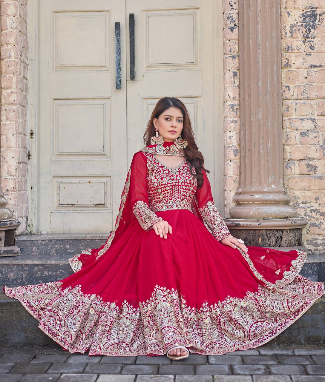 Rani Pink Elegant Embroidered Faux Georgette Gown Set with Dupatta & Chudidar – Fully Stitched Ensemble with 5mm Sequins Work & Tassel Sleeves