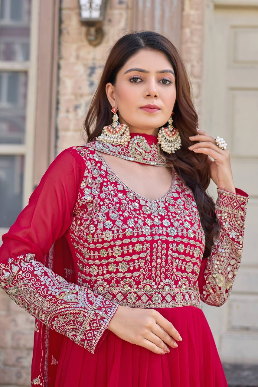 Rani Pink Elegant Embroidered Faux Georgette Gown Set with Dupatta & Chudidar – Fully Stitched Ensemble with 5mm Sequins Work & Tassel Sleeves
